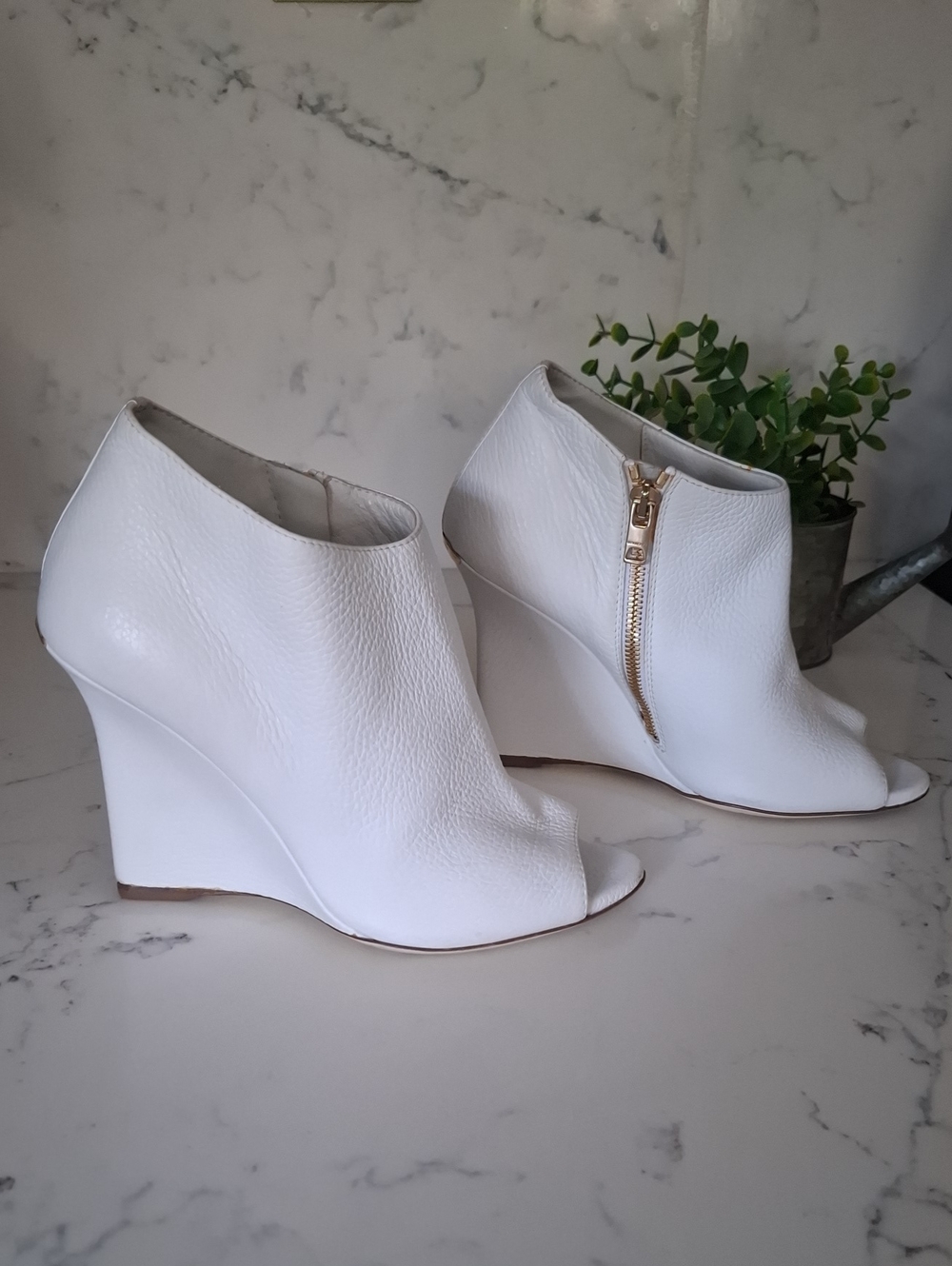 Burberry White Peep-Toe Leather Wedge Booties with Gold Zip